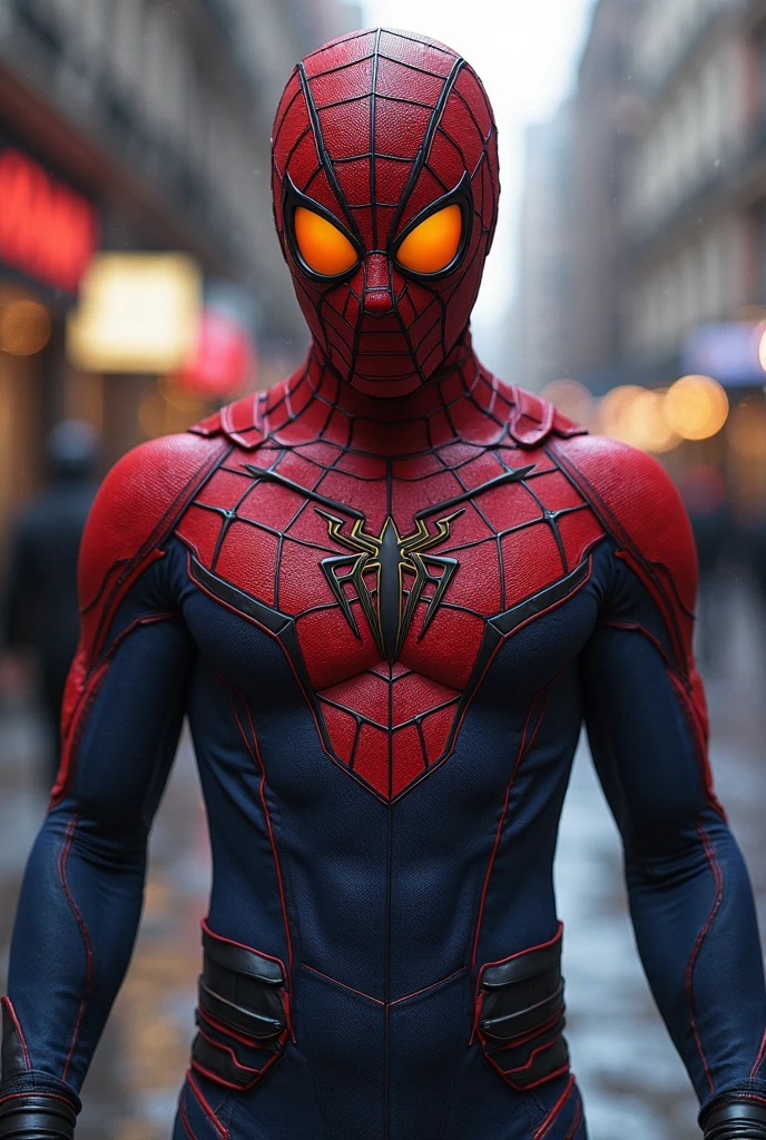 Spider man,realisitic,hyper realism, Athletic muscle,with textured saturated red and blue trage. And a jacket over the suit