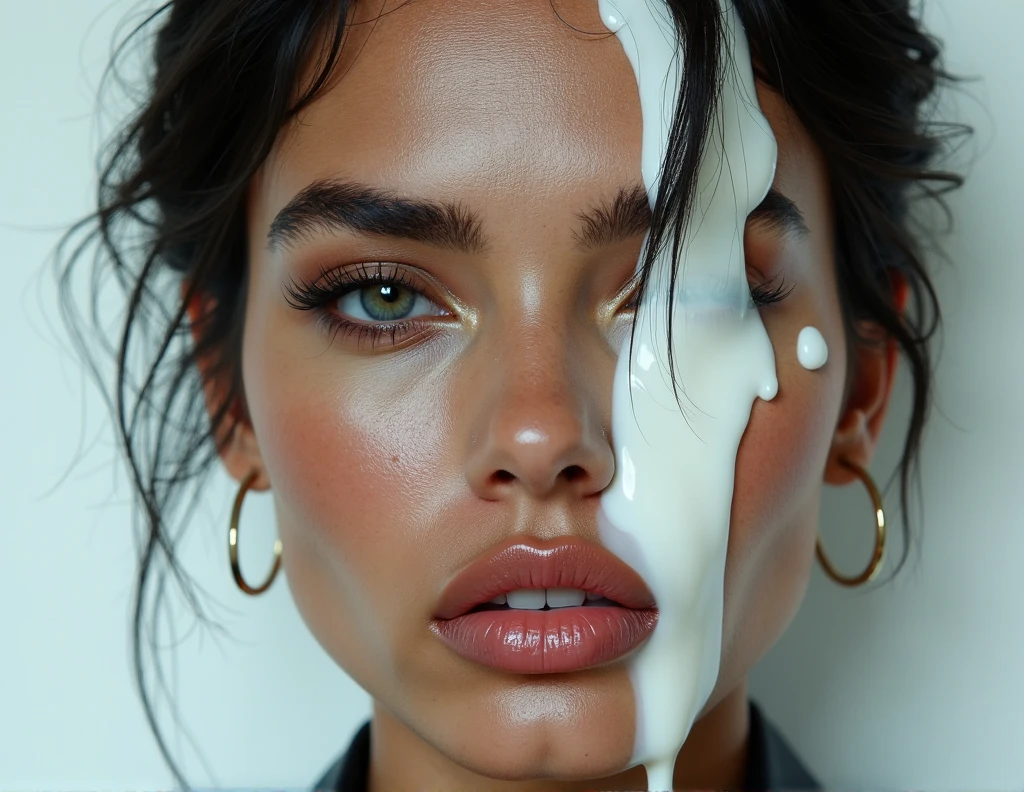 ((latina girl, 20 years)), visage fin, tres beau visage sexy, Face of Desire,  (tres gros plan du visage), regarde l'objectif , ((bouche ouverte)), ((thick white liquid all over the face)), Wet face and hair,