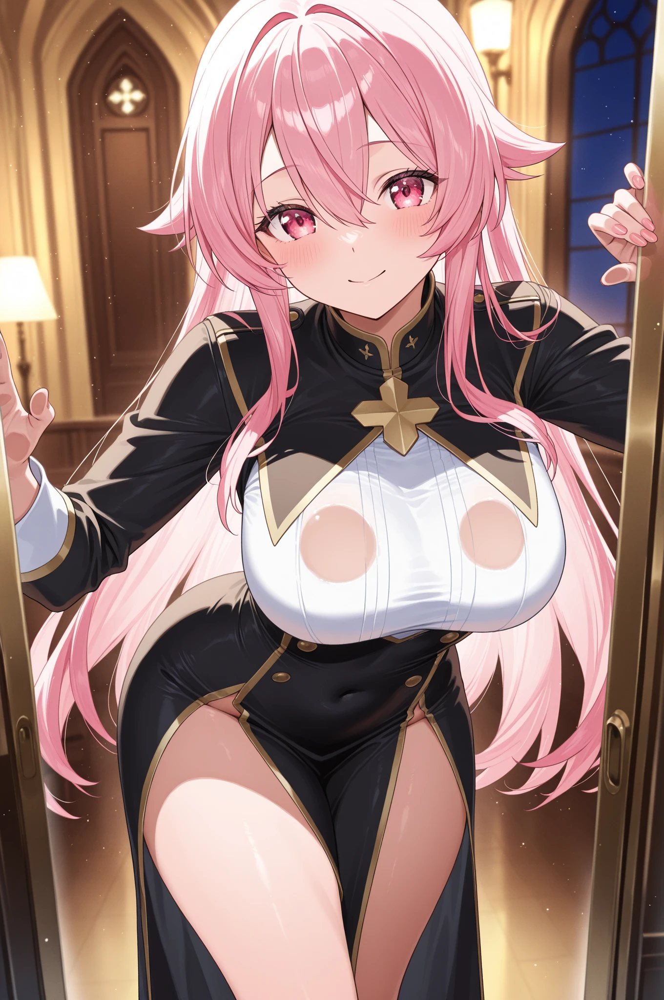 (Nsfw),Hayatakagi, Hajime Takagi, Long hair, bow ribbon, (Twin-tailed:1.3), (Brown eyes:1.5), Hair Ribbon, Pink hair, (eye glasses:1.3),,(looking at the viewers:1.3),BREAK (masutepiece:1.2), Best Quality, High resolution, Unity 8k Wallpaper, (Illustration:0.8), (Beautiful detailed eyes:1.6), extra detailed face, Perfect Lighting, extremely details CG, (Perfect hands, Perfect Anatomy), big hotel room,Naughty big、thighs thighs thighs thighs、solo, very big breast, detailed nipples, deep cameltoe, barely spread legs, caderas anchas, ultra small high leg string thong, translucent stockings, perfect round detailed and realistic nipples, detailed vagina, daylight illuminated, black transparent super ultra small lace lingerie, with an realistic detailed combat knife in on hand in the most erotic pose, showing her beautiful nipples, full body picture, almost fully naked, pellizcando sus pezones