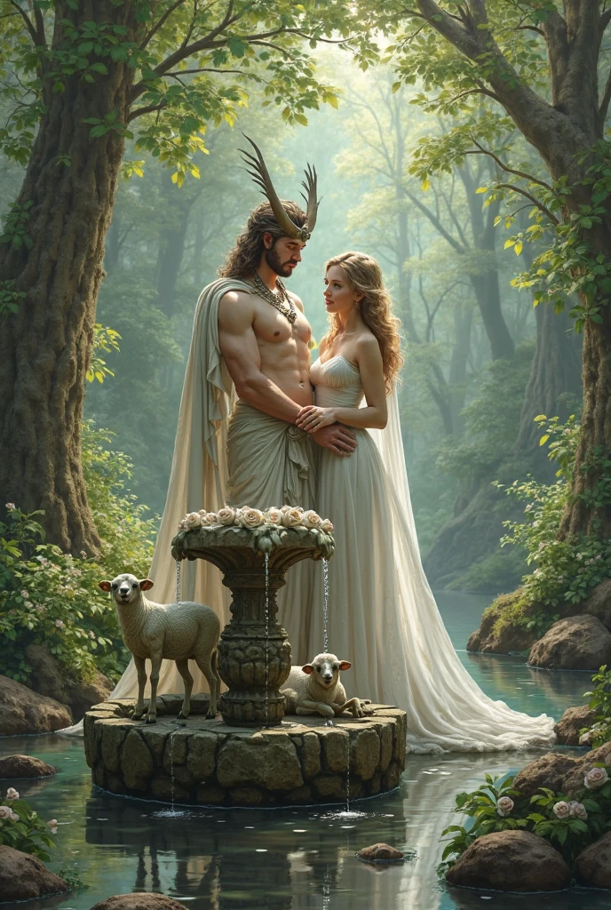 A photo of a faun carrying a woman during the golden hour. The faun has intricate antlers and a well-groomed beard. The woman is unconscious and has blonde hair. The background contains waterlilies that reflect the golden light. The overall scene is magical and cinematic.