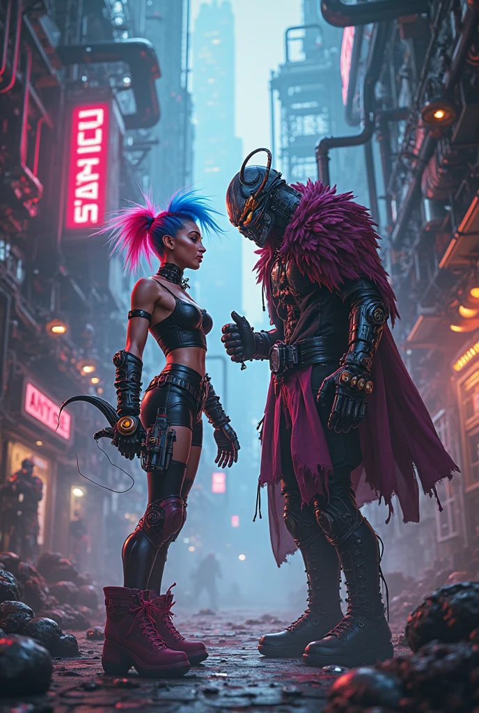 A mesmerizing photograph captures the chaotic aftermath of a rampage led by mischievous and agile vandals, donned in vibrant pink fluffy fur coats, as they gleefully wreak havoc upon the ancient city of Rome. Concealing their identities with masks reminiscent of Anton Semenov and Michael Hussar's hauntingly surreal artwork, these exuberant vandals defy the constraints of time. Within this captivating image, the concept of time loses its customary meaning, stretching and contracting like a rubber band pulled taut, warping the boundaries between past, present, and future. The color palette of dark blue, red, and black enhances the dramatic impact of the scene, as if infused with the intensity of an octane render. The photograph,