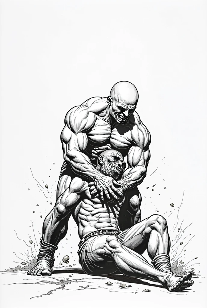 manga, monochrome, white background, wrestler kicks middle-aged wrestler in the bladder,