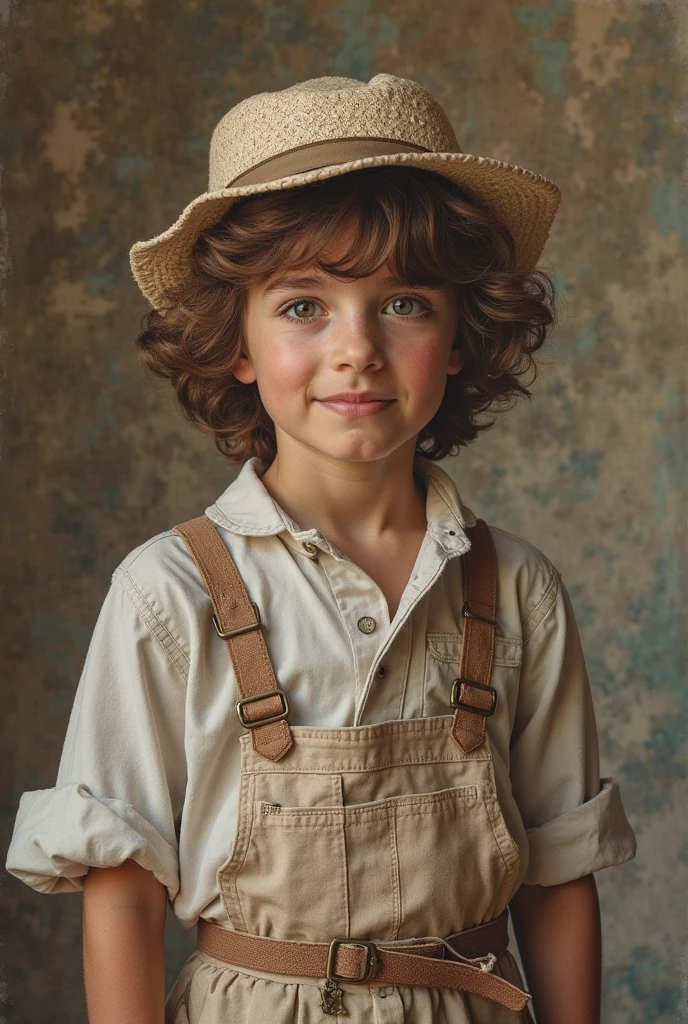 4K Vivid Girl Child, 5 years old, boys, gram, naturey, Messy hair, Dark Brown Short Hair, hazel eyes, glare eyes, Photographic Model, Country Peasant Dress , little man, masculine, blue sky , beige linen suit jacket , and beret , short social haircut, boy