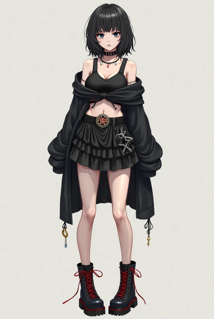 Tall emo woman with model body and hair covering her eyes and she will have two tall masters the perspective she will be taller and the camera will be lower suggesting that she is big the camera will be from the perspective of a dwarf