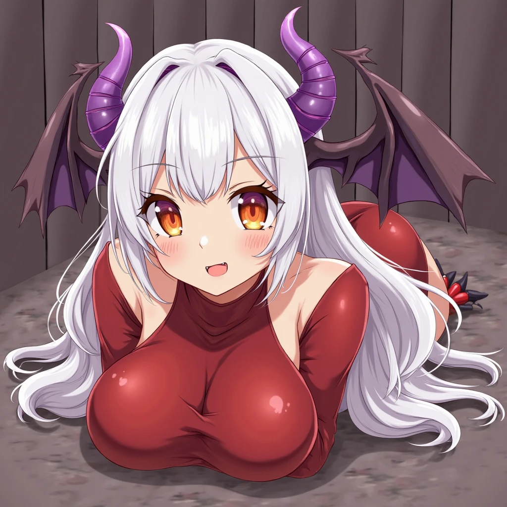 (masterpiece), best quality, (warm color:1.2), (warm lighting:1.2), full body, expressive eyes, beautiful elegant face, drunk expression, ((Succubus:1.6)), horns, white hair, red eyes,1 girl, 27 years old, looking at viewer, in bedroom, (((warm skin tone))), blushing, (sensual expression:1.2), smiling, (sexy pose:1.4), (high quality, 8k, 4K, High Contrast, masterpiece:1.2), (completely naked:1.6), (large round breasts:1.4), (small pink nipples:1.2), (muscular body:1.6), (fit body:1.6), (muscular shoulders:1.6), (muscular arms:1.5), (defined midriff:1.6), (toned midriff:1.6), (abs:0.6), (narrow waist:1.2), hips, (excessive cum on her face:1.4), (cum dripping down her chin), (long thick strands of cum), (excessive cum on her body:1.4), (cum dripping down her breasts)