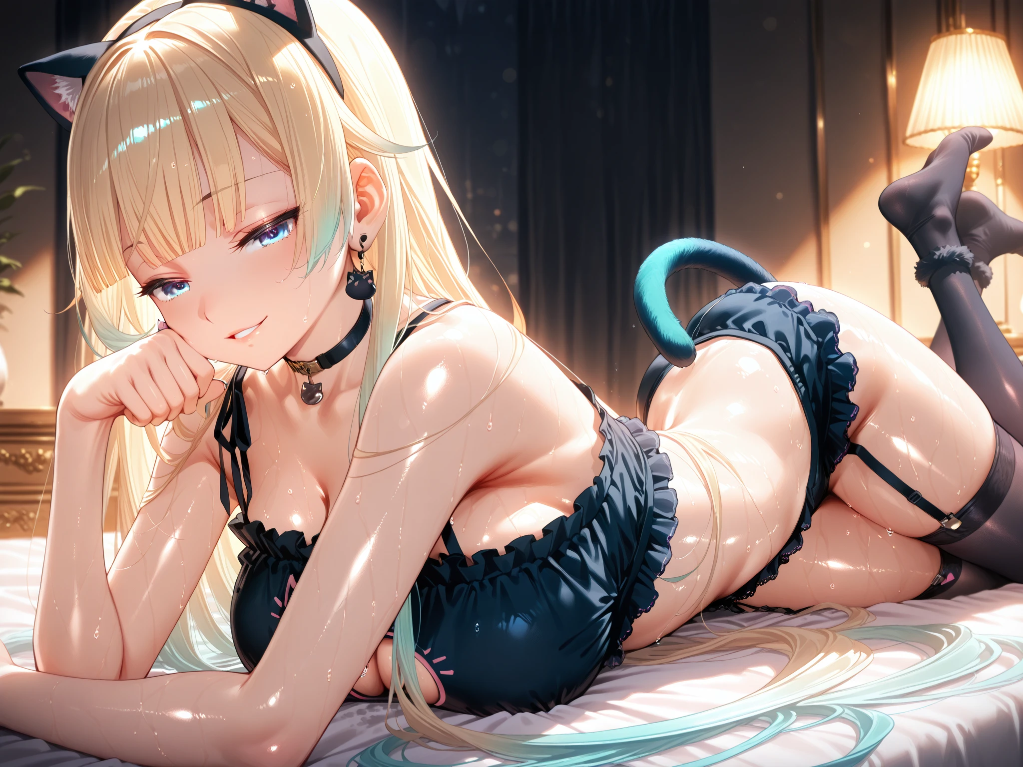 (Perfect Face, Detailed face, Beautiful Eyes,Perfect hands,Perfect Fingers)、Red face、((vapor))、hot、konjiki no yami, ph Yami、Maternal, Foot, alone, 1 Girl, Blonde Hair, Red eyes, Long Hair, Hair Flowers, Big eyes, Masturbation,A flushed expression、Dirty face、Grin、Drooling、((Love Hotel))、 (masterpiece:1.2, Highest quality), (細かくてBeautiful Eyes: 1.2), (Beautiful and dense face), (Sharp facial hair between the eyes)、(About white panties, Camel Toe), 12 years old, Grinding, Transparent panties,On all fours、Large Breasts、Neon lighting、Looking up、Glare、Heavy breathing、Broken look、Going crazy、shout、Ahegao
