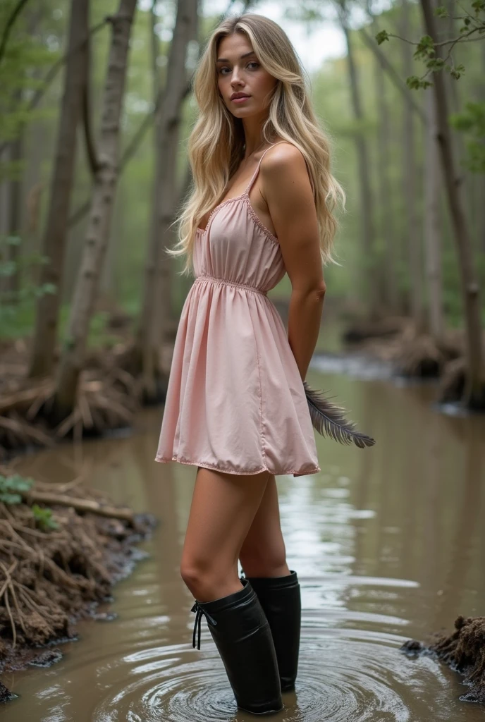 Eerie Fairytale Forest: Subject: A blonde 36dd bra woman (22) with messy hair, cosplaying a mini dress pink Little Red Riding Hood with a determined look, walks through a misty forest at dusk, holding a basket filled with glowing pink flowers. Strange creatures in pink costumes peek from behind trees. Technical: High-resolution camera (e.g., Hasselblad H6D-100c), wide-angle lens (e.g., 50mm), focus on the woman and the basket, soft, diffused twilight light with mist emphasizing the mysterious atmosphere, hint of an ominous creature in the background.