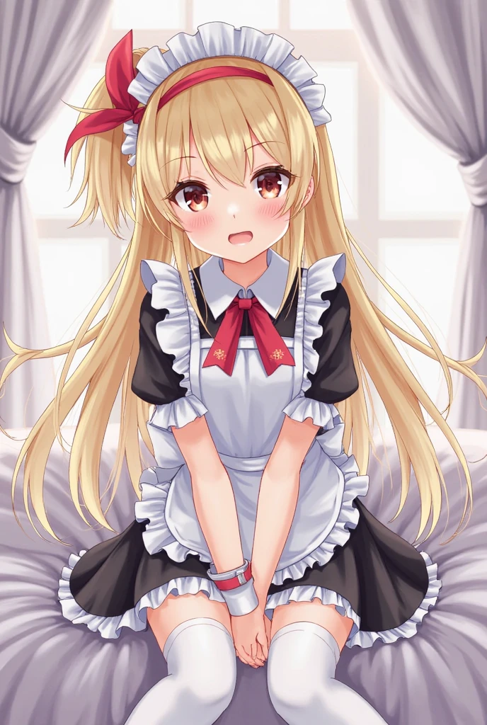 best quality,4k,1girl, solo, side-tie panties, thighhighs, underwear, panties, apron, panties around one leg, bed, lying, red eyes, long hair, pillow, naked apron, blush, covering crotch, covering, white thighhighs, bow, blonde hair, hair bow, on back