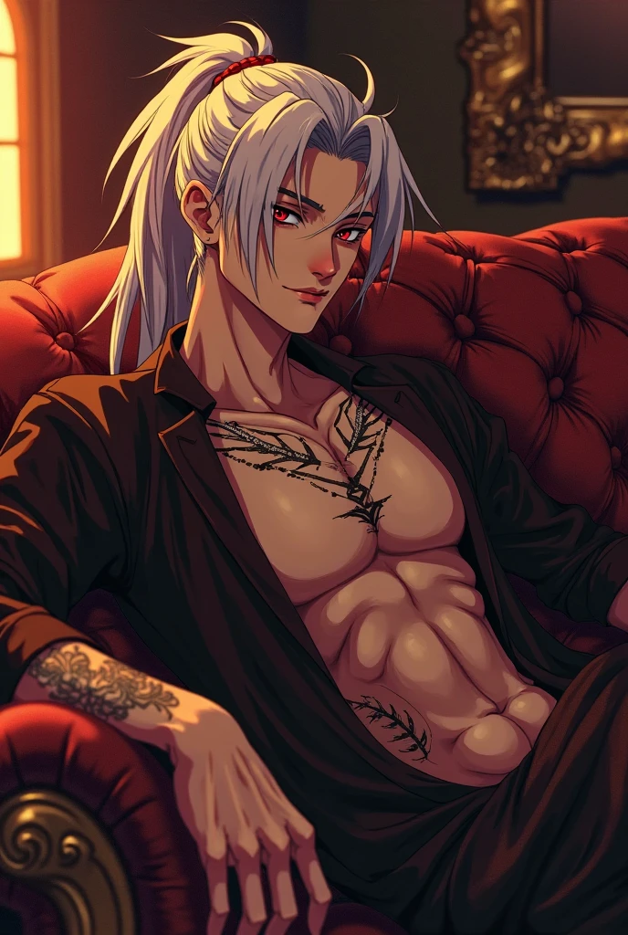 {{{{{16k, Camera angles close to his face with an authoritative expression and large pecs}}}}}, {{{{{His body and sexual appeal are at their peak and he exudes an extremely seductive aura. He kneels with his eyes up, drooling from the tip of his thin tongue and sticking out his tongue lovingly. man, solo, manhwa, Geum-hoo, violet eyes, long platinum hair, gat hat, (nude: 1.3), (transparent hanbok), big breasts, cleavage, thighs, coffee ass, (sakura: 1.3)
