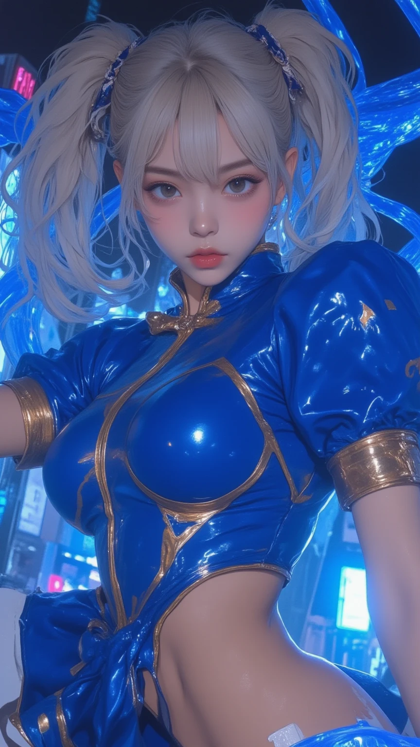 (photorealistic:1.8, highest quality:1.8,8K masterpiece:1.8,High resolution,muste piece:1.8,RAW Photos,cinematic lighting),No split screen, cyber punk、Highway at night、rain-soaked ground、vapor、
(1 android girl:1.3)、Completely naked、Full body tattoo、choker、beautiful breasts、T-shirt、denim micro mini skirt、beautiful butt,beautiful thighs,plump nipples、Nipples are visible through the costume,cameltoe,Body painting with a pop design drawn all over the body、pop art design、cutting edge fashion、conceptual art、
Provocative sexy poses、look back、spread your legs、raise your arms、
(Beautifully shining vermilion, blue, white and golden hair:1.5)、shining blue eyes、Stoic