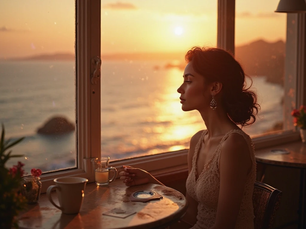 A woman sitting at a table with tropical juice, Makoto Shinkai Cyril Rolland, blue sea. by makoto shinkai, Watching the sunset. anime, in Makoto Shinkai's Style, Studio Greeble Makoto Shinkai, by makoto shinkai, by makoto shinkai, Makoto Shinkai's Style,An illustration