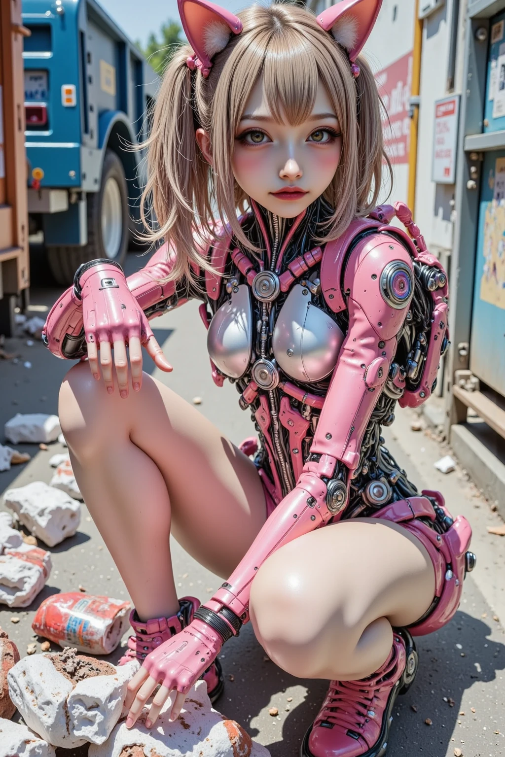 (Photorealsitic:1.4)、Onegirl、(top-quality),(hyperdetailed face)、(Super well-formed face)、((Robot Parts))、(Cyborg girl)、(gold)、(Burgundy)、(metalic)、(fullllbody)、(sexy pose)、(Slender body)、(tits out)、(Model body type)、(mecha exposure)、(akihabara)、(is looking at the camera)、(A dark-haired)、(9Head and body)、(a small face)、(Idol)、(front facing)、(lying on one's side on bed)、(Photo session)、(Looks sad)、(Cyborg girl in pink dress)、(sleeve less)、(a miniskirt)、(amputated)、(lack)、(Detached neck and torso)