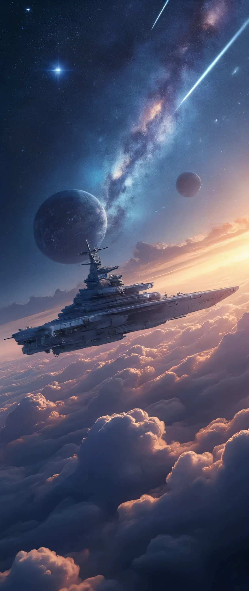 High Definition Space Images、 Bright Interstellar Clouds、Space Battleship、Interplanetary Voyage Spaceship{x}Yamato Class Space Battleship、  shooting star、Authentic Art、Follow the Migrant Fleet、digital art。Comfortable silence 、space{{more}}、カラフルな宇宙space。