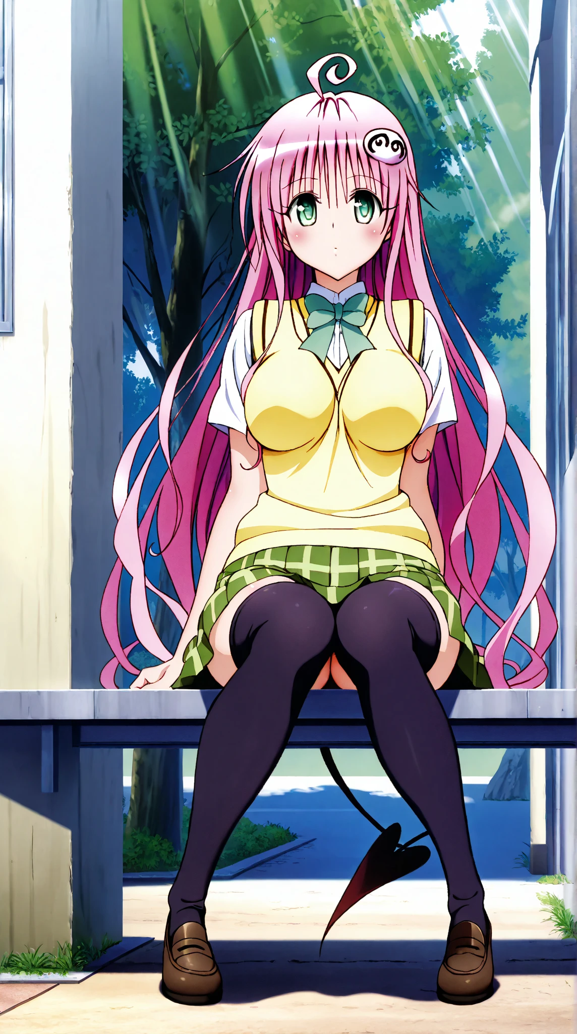 masterpiece, Highest quality, High resolution, Lala Satalin Deviluke, Official Art,Long Hair, Ahoge, hair ornaments, Green Eyes, Bare chest,pink lace bra,Pull your bra up, Checked skirt, Green Skirt, School Warehouse, Crying,Disgust, Are standing,Skirt Lift,No panties,Sweat,((Detailed pussy)),((pussy_focus:1.5))