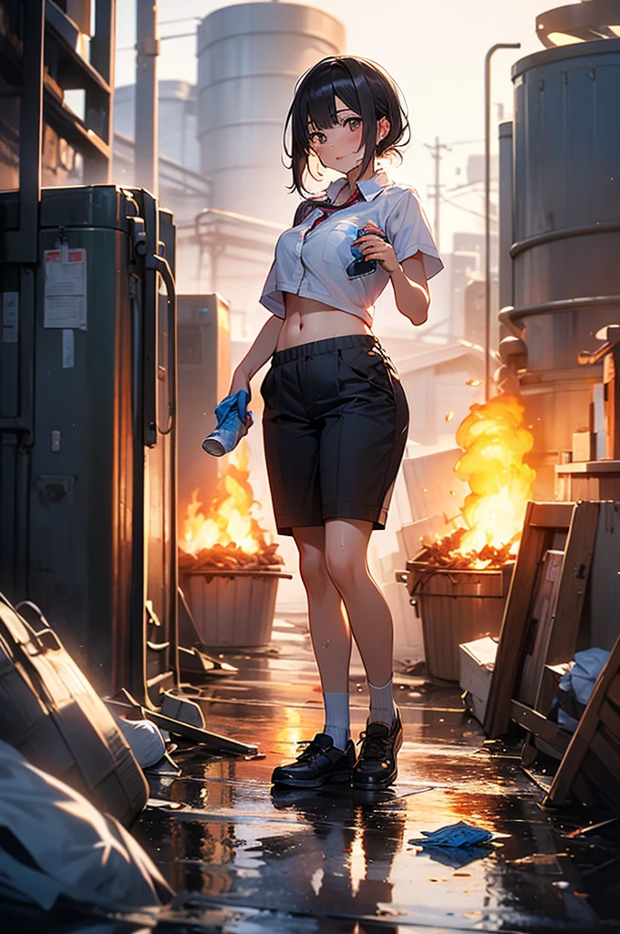 High Definition、High Quality Illustration、Detailed Description、8k、woman working at garbage disposal site、 woman in work clothes 、throws trash into incinerator、Burning incinerator、sweat、Belly Button Up Look