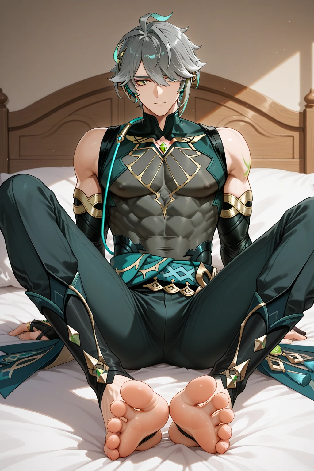 1 boy ，Libido boy，20yr old，Handsome，Raised sexy，k hd， tmasterpiece，8K，White thong，Nudity all over，Bare upper body，Short socks，massive bulge，Only thongs were worn，A sexy pose，Trembling，full-body view