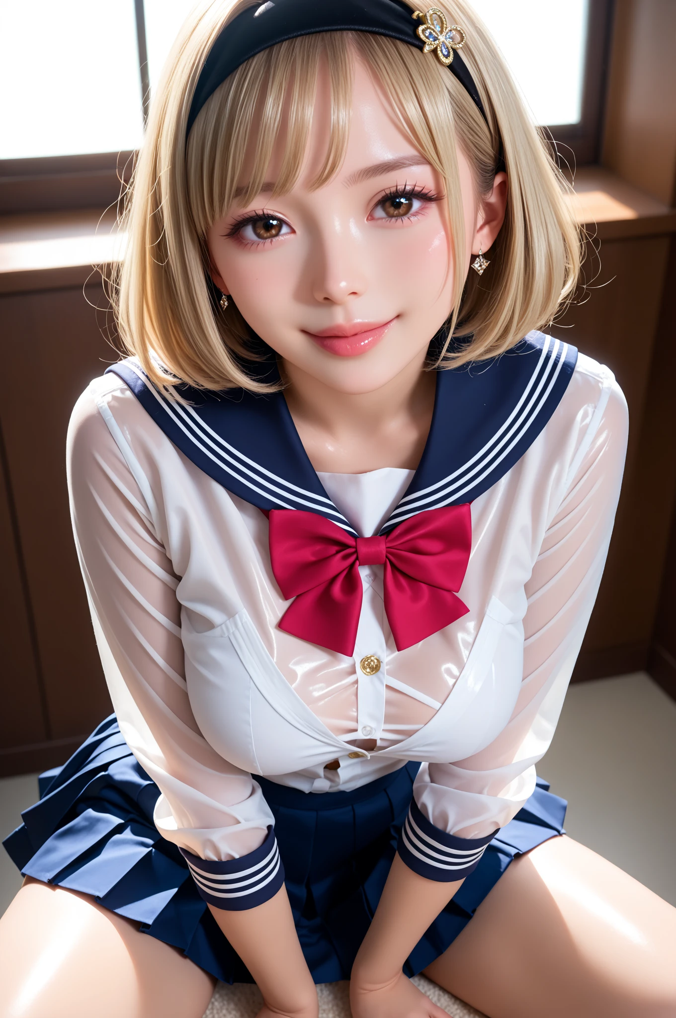(top-quality、masutepiece、超A high resolution)、、(inside in room、Looking at the camera、Kamimei、short-hair:1.1、a blond:1.1、a smile:1.5)、(cleavage of the breast、Semen、a wet body:1.3)、hi-school girl、kawaii faces、(high-school uniform、a sailor suit、skirt by the、Black Knee High Socks)