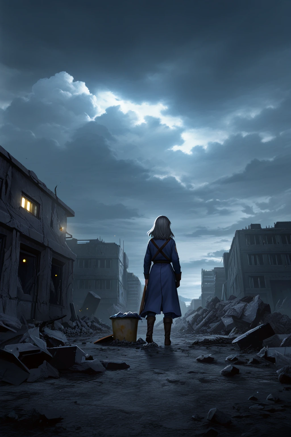 (cbp2566 style:1.2), A woman stands in front of a nuclear bomb exploding the city, With black smoke dust and huge black clouds in the orange sky, strike of lightning:0.6, (building fires:1.2), (Apocalyptic and post-apocalyptic fiction), (doomsday), The fragments were scattered around, concept art, official art, (masterpiece, best quality, 24mm, 8k, HDR), (raytracing:1.2), science fiction, absurdres, detailed, ultra-detailed, (volumetric lighting:1.2), (cinematic lighting:1.2), darkness,