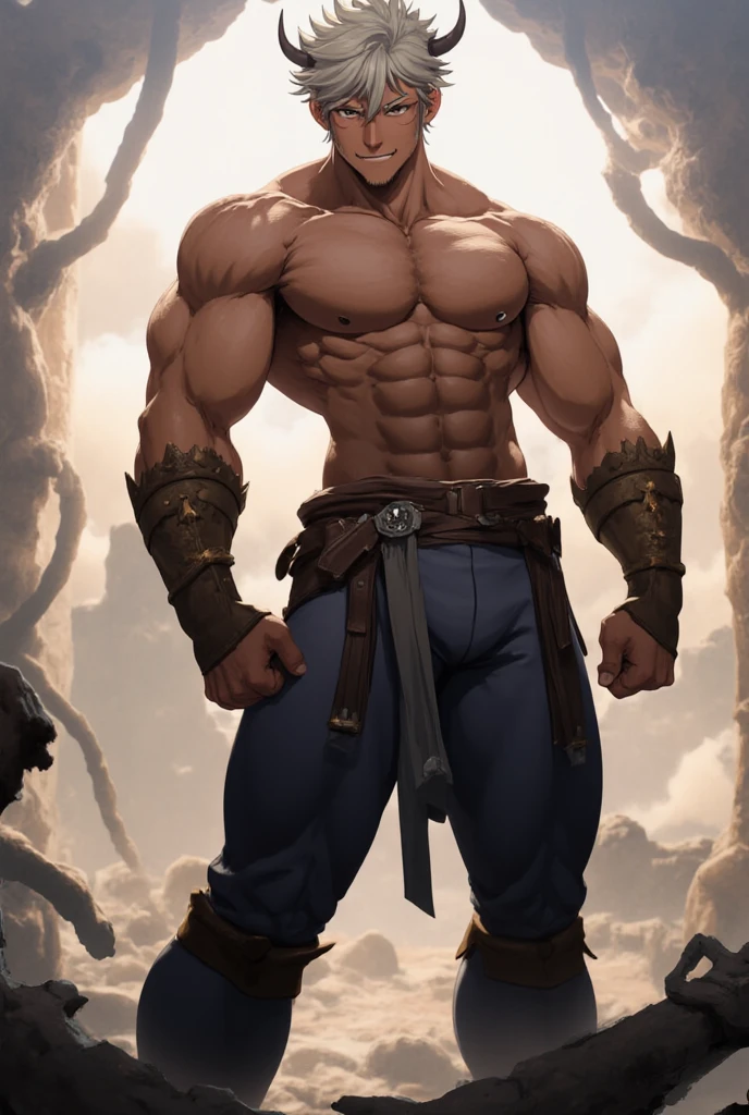 envision a 8k, highres, cinematic full body design sheet of an man named Hercules with a strong face, muscular body, no facial hair with long wavy brown hair, and dark eyes wearing baggy sweatpants shirtless with leather armor pads against a dark gray background