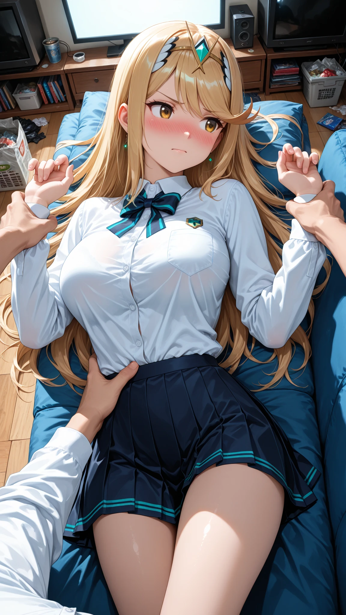 score_9, score_8_up, score_7_up, score_6_up, score_5_up, score_4_up (masterpiece), best quality, expressive eyes, perfect face, hentai, doggystyle, ((((sex from behind)))), ((((doggystyle)))), butterfly hair ornament, aqua eyes, hair ornament, blonde hair, long hair, sena kashiwazaki, pleated skirt, green skirt, skirt, st. chronica academy , cardigan,