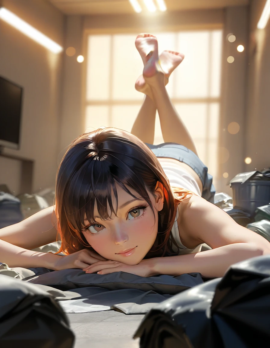 Create a high-quality, detailed image of a beautiful, anime lofi girl with long hair, bright blue eyes, and a smile, sitting at her gaming PC in her cozy room. She has tattoos and wears a sexy see through tank top, showing her midriff with sleep shorts. The warm, inviting scene includes soft ambient lighting, comfortable seating, and a high-end PC setup with multiple monitors and RGB lighting. The setting is illuminated by a small lamp, creating a serene and intimate atmosphere (HIGH QUALITY)