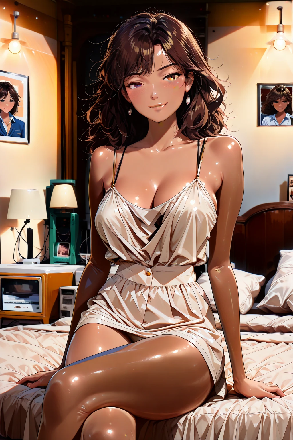 A young woman in a lavender bra and panties set is standing in front of a window. The woman has long brown hair and is looking at the camera with a smile. The image is taken from a slightly low angle.