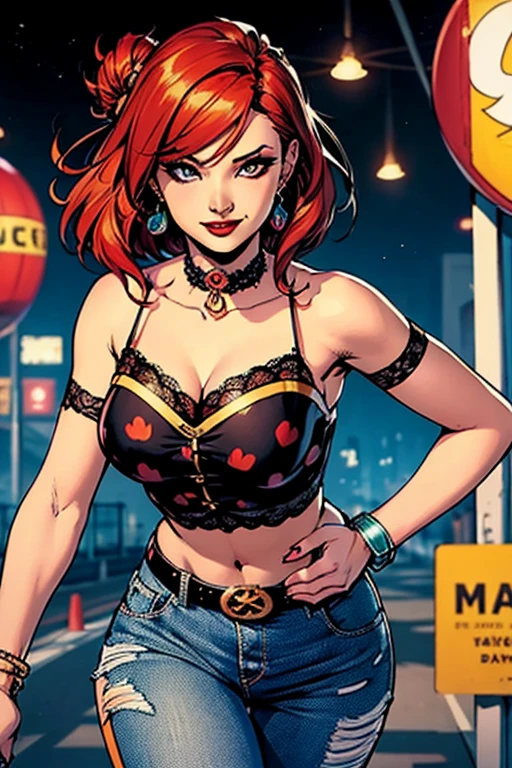 Margot Robbie. Harley Quinn from DC Comics beautiful Hungarian woman, intricately decorated, realistic rendering Character design, photorealistic, unreal mechanism, hyperdetailed. ((best quality)), ((masterpiece)), ((realistic)), (detailed), close-up portrait, full-body portrait, blue eyes, black and red costume, highly detailed skin and hair, looking at the viewer, stunning gradient colors, sadistic smile, detailed background, city at night, detailed mouth, incredibly detailed, ((masterpiece)), absurdities, HDR.