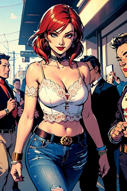 the sexy girl at the fair, long brown hair, small breasts, tight miniskirt, cleavage, white shirt, see-through, belt, very sexy, lascivious,(art inspired in Bill Sienkiewicz). oil painting)