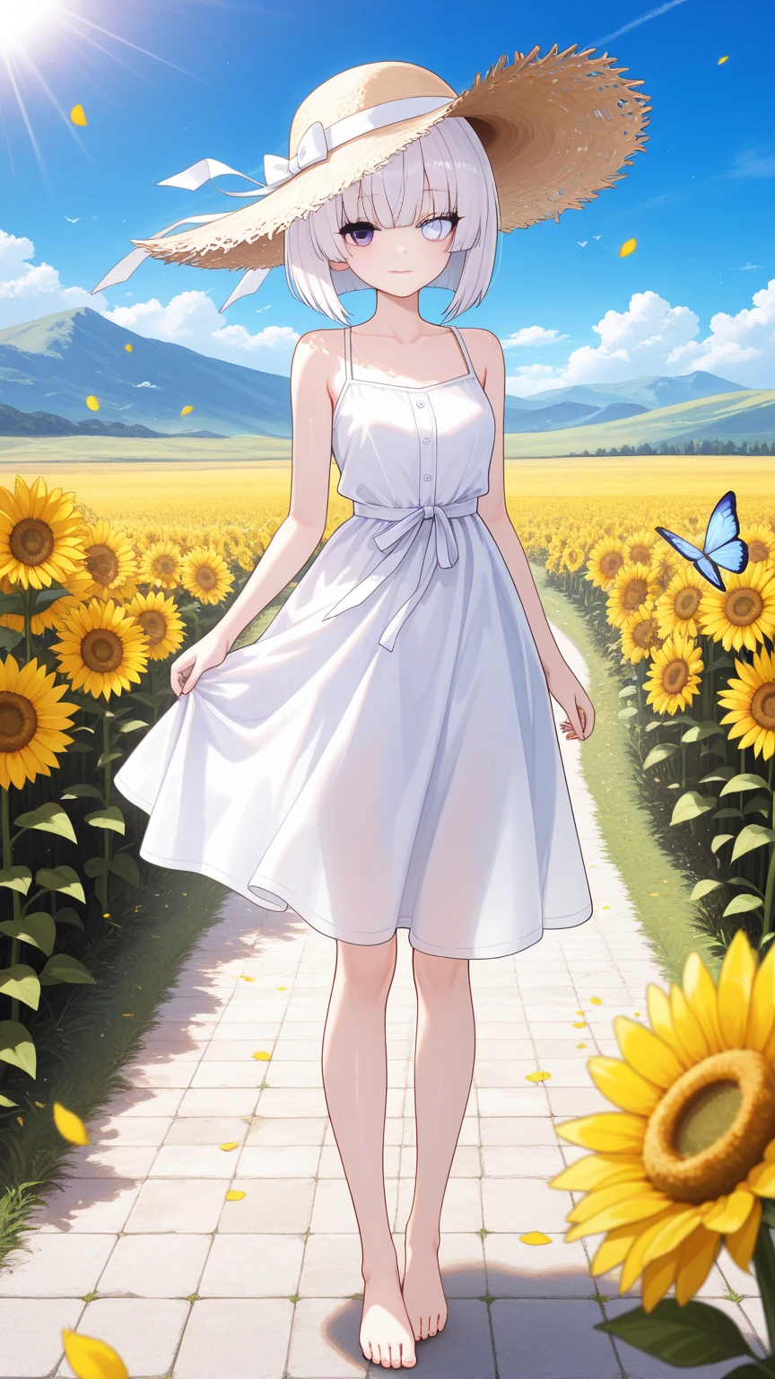 <lora:kiwi_v2_mix:0.7>,detailed_background,outdoors,sky,animal,landscape,grass,white_dress,brown_hair,scenery,dress,nature,short_hair,fjsmu,water,flower,from_behind,sunflower,solo,field,blue_sky,clouds,mountain,on_grass,cumulonimbus_cloud,wind,petals,1girl,highres,fog,holding,outdoors,sleeveless,sandals,cloudy_sky,holding_flower,sleeveless_dress,running,reflection