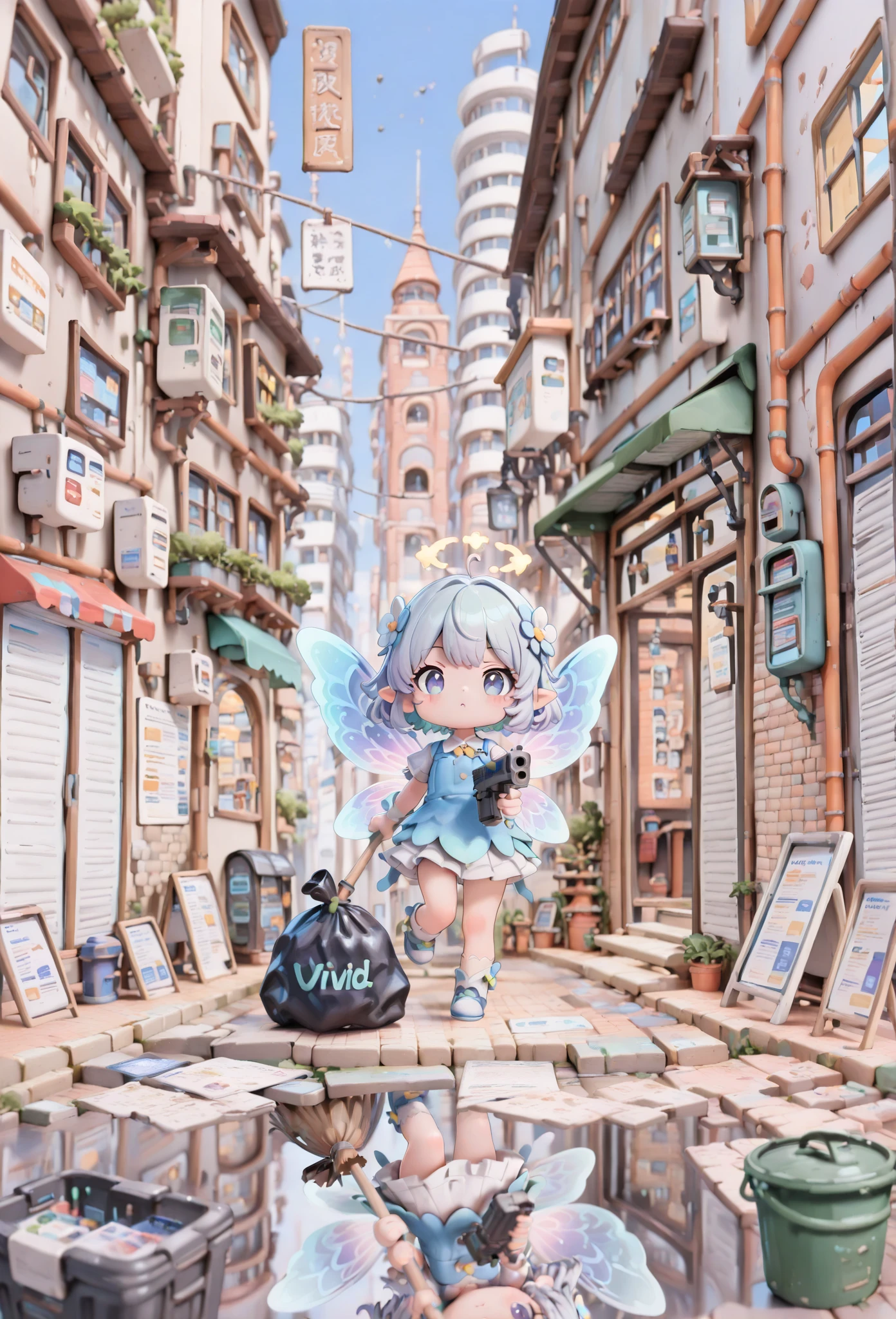 On the streets where it rained heavily，A loli in a hat and dress，There are 2 wings behind him，Lori huge breasts cleavage，kawaii，Inspired by Lyckey，Chibi Art，inspired by Tawaraya Sōtatsu，Inspired by Yundu Snow，inspired by Wang Lü