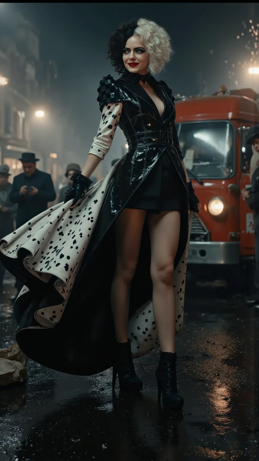 masterpiece, ultra-high quality, photorealistic, dramatic fashion scene, glamorous villain woman standing on a moving garbage truck, ultra-long luxurious black and white couture gown trailing behind, flowing fabric in the wind, cinematic lighting, late night city street, trash and sparks flying, bold fashion rebellion,  and confident expression, red lipstick, high heels, stylish punk hairstyle, elegant gloves, flashing paparazzi lights, smoky background, dramatic pose, sensual silhouette, confident smirk, inspired by Cruella, edgy and , modern fashion villain, luxurious chaos
