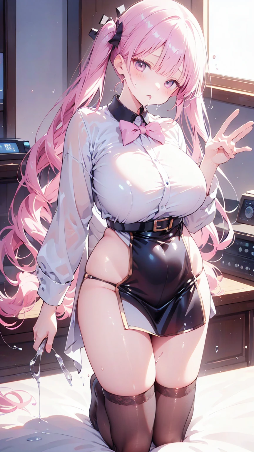 A perfect masterpiece, Highly detailed CG UNITY 8K UHD quality resolution, RAW Photos, Award-winning portraits, Official Art, Ultra-detailed, Realistic, The most beautiful and sexy nurses, Very long pink hair, Vivid moonlight, Long and fine eyelashes, blush, Plump pink lips, Curvy body type, Full Hips, Super huge very huge , I can see her cleavage, A huge one popped out of the uniform, Wearing a detailed nurse uniform, She arches her back in a sexy, seductive, slutty pose, Looking at the audience, Close-up POV camera view from below, Sexy and seductive slutty look, Hospital Background