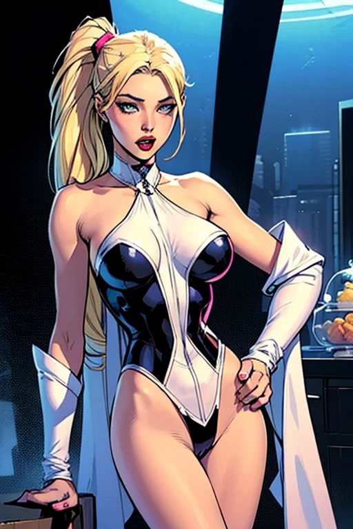 a close-up of a woman dressed as a rabbit on a train, J.. Scott Campbell, Little bunny, J. Scott Campbell, zenoscope, comic book character, coelho punk, abbey lee kershaw as Emma Frost, comic character, Little bunny da playboy, Emma Frost, 90s comic book character design, the rabbit has pink fur, electric rabbit, varied pose