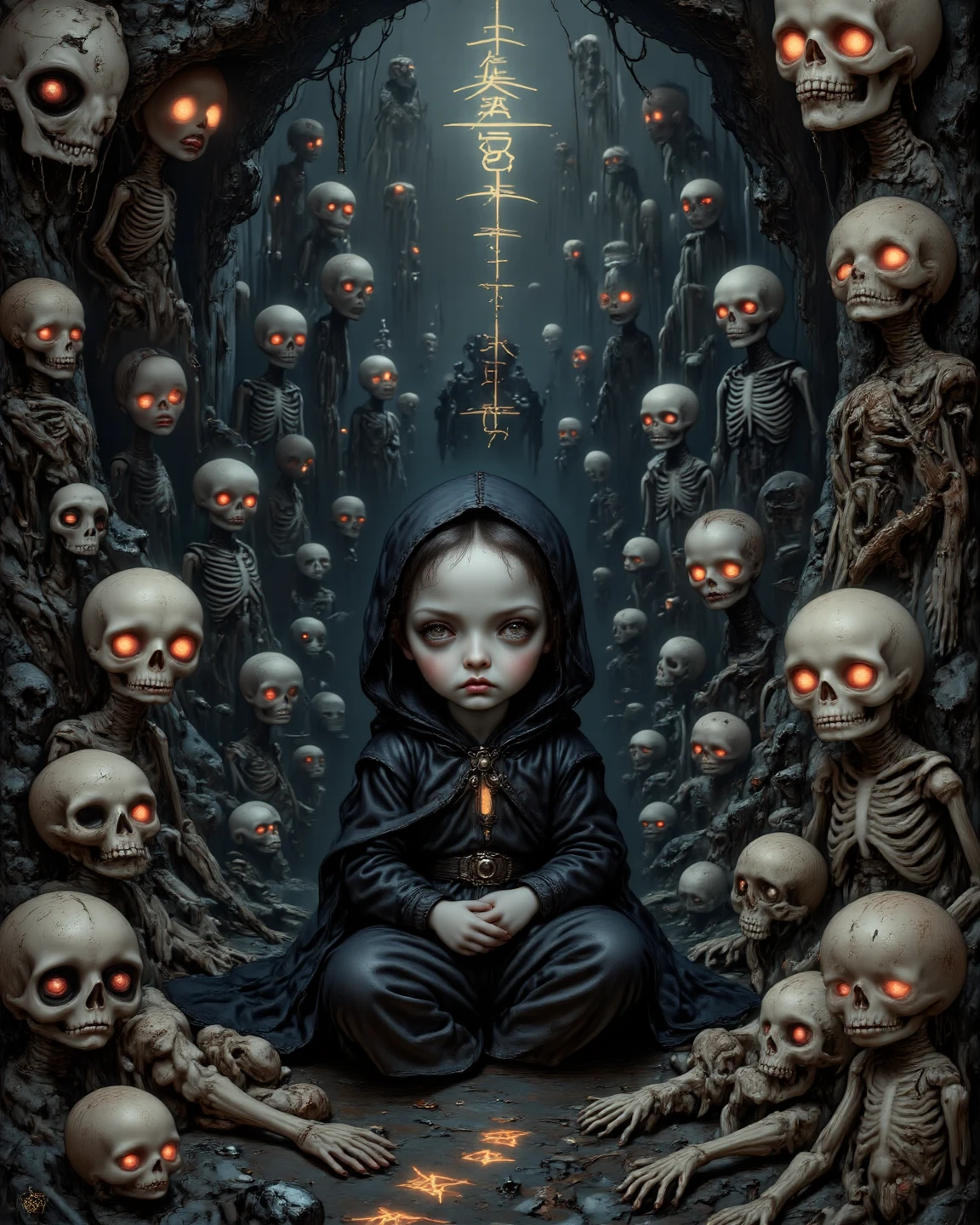 little girls from this artwork, in the style of otherworldly grotesquery, sci-fi baroque, photorealistic painting, darkly comedic, precisionist, devilcore, skeletal