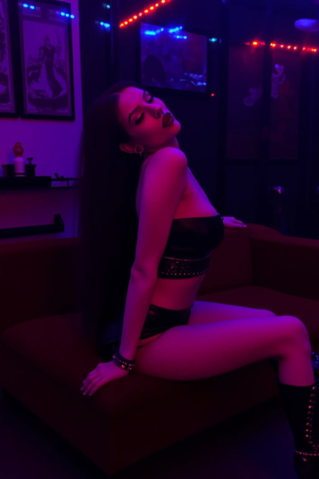 (masterpiece, photorealistic:1.4, extremely intricate:1.3), (photon mapping, radiosity, physically based rendering, ultra resolution, hyper-realistic, 8K), ((mature female, [bodybuilder:supermodel:0.3], ((([large breasts:huge breasts:0.4], (black white houndstooth bikini, fishnet stockings, humid, lounging leather sofa, openlegs)), serious, sad, pubic hair, 30 years old, elegant:1.2)), long eyelashes, ((makeup:1.2, red lips)), [skin detail:freckles:0.8]), ((background indoor futuristic cyberpunk bar, neon, haze)) professional photograph, (((straight long hair [black hair:bright pink hair:0.7])))), BREAK ((sharp focus, dramatic, award winning, cinematic), bokeh, blurry background, interaction, metal reflections), dark eyes
