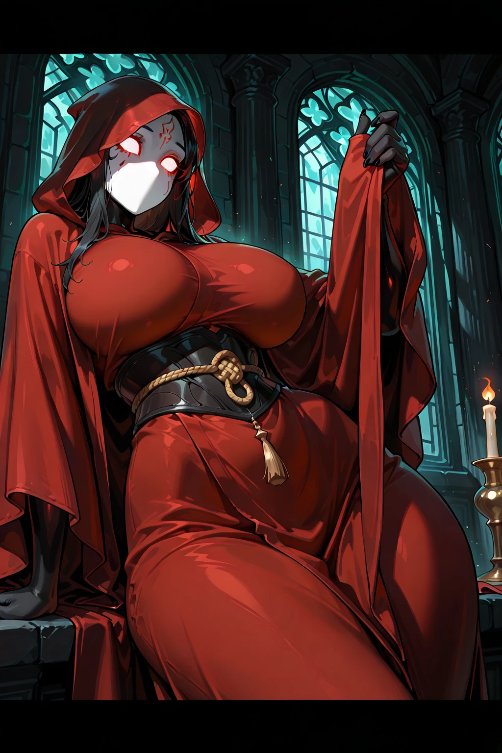 (masterpiece, Best Quality, absurd, 4k, Aesthetic, detailed, Intricate, perfect lighting) cinematic angle, 1solitaria, Sitting on the throne, elbow rest, castle interior, face mask, hood, layer, belt, armor, Cloak, red gloves gauntlets, corona
