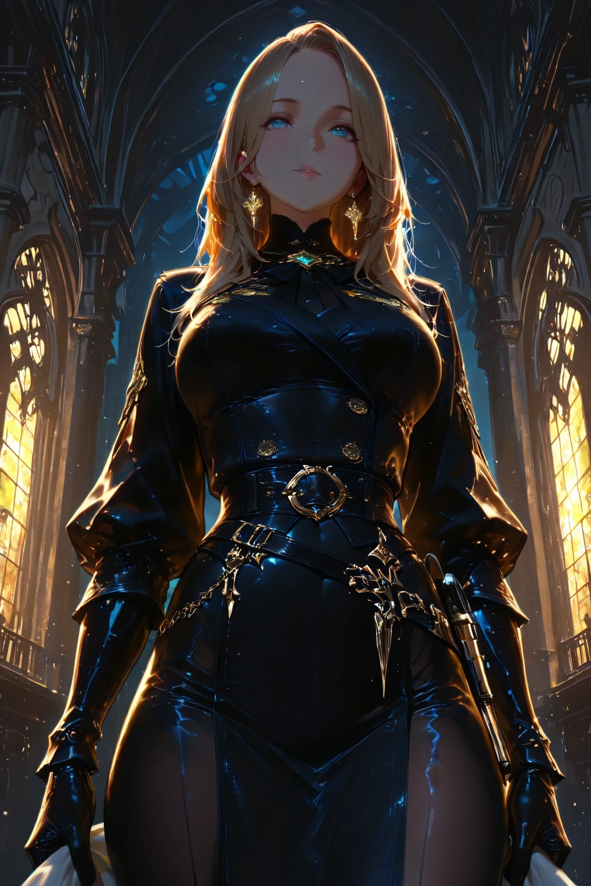 Presented in 8K resolution, this artwork is masterpiece-quality CG quality, with extremely detailed and realistic images, normal proportions, and the image of a nun. The nun tilts her head towards the audience, wears a large number of shackles and chains, wears erotic gold-rimmed corsets, erotic thigh straps, plump figure, flat chest, disgusted expression, and colorful hair. The work adopts an anime style, the skin texture of the characters is delicate, and the anatomy is correct. High image quality, reaching 16K resolution, with a dark style Catholic church in the background. Erotic character tattoos, gorgeous uniforms, nuns' clothes are gold-rimmed, the perspective is unique, and the picture is full of evil emotions. An evil light shone above, creating an even more terrifying atmosphere. Maid uniform, blonde hair, golden eyes, gold socks, golden gloves, looking at you, double tail, 1 girl, small chest, despair, masterpiece level CG quality, 1 girl in the picture, behind her arms, back against the wall, head tilted towards the viewer, wearing a thigh strap.