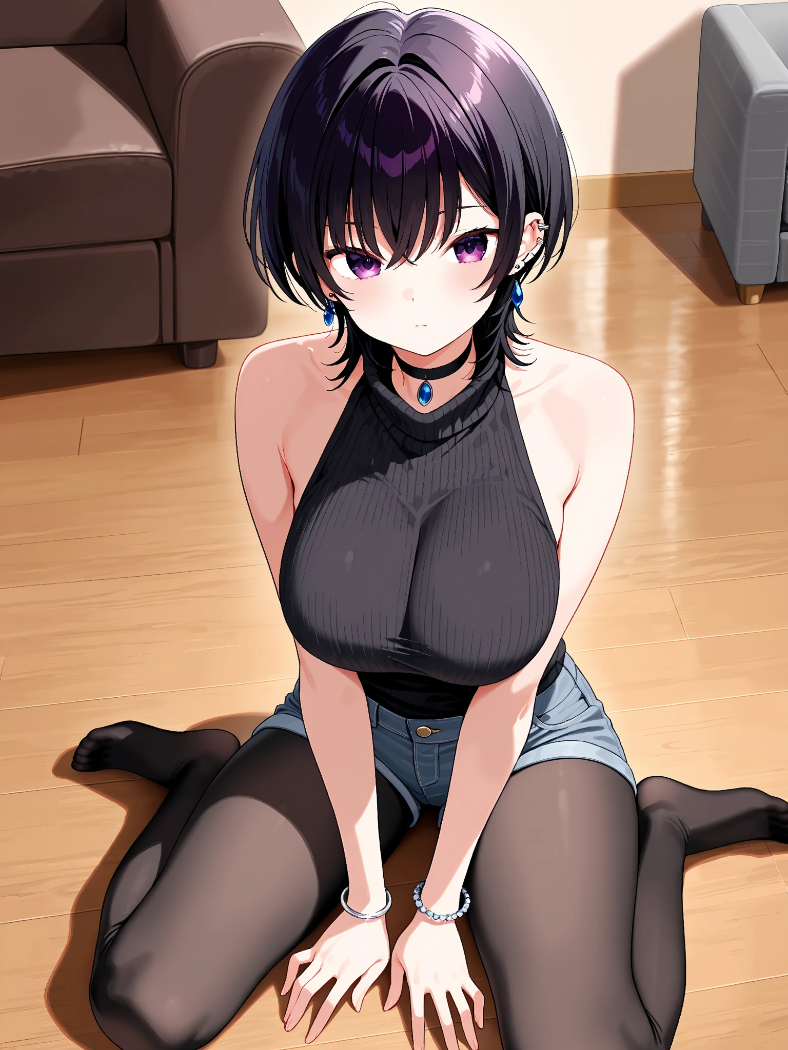 1 girl, (girl in skinny tight navy jeans), (long jeans), squatting, (spread legs), slim, from front, 25 years old, teacher, short bob cut, black hair, nose blush, wet eyes, troubled eyebrows, round mouth, drool, orgasm, ((topless)), pink nipple, large breasts, embarrassed, full-face blush, beautiful, best_quality, big ass, ahedao, sweat, putting her hands on her knees