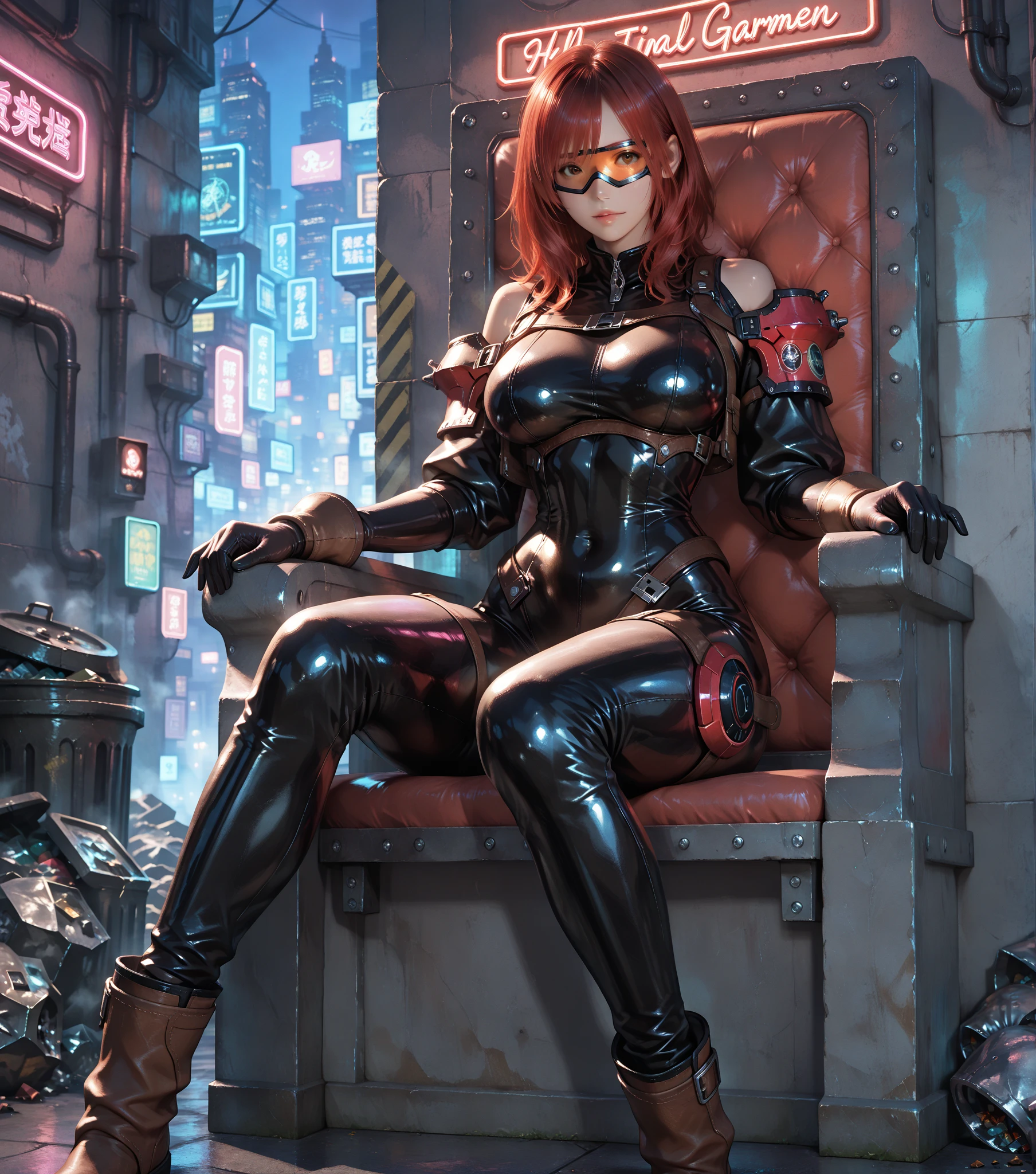 Best Quality)), ((Masterpiece)), (Very Detailed:1.3), 3D, Beautiful (Cyberpunk:1.3)), 1 girl, full body, curly red hair, big breast, slender body, slender hips, big breasts, wearing full gold((heavy cyberpunk armor)) with neon trim, (head-mounted displays), fiber optic cables, company logos, science fiction, Night Cyberpunk city background, Gantz, In the Style of Cyberpunk 2077, (( Lying Down with Hands Behind the Head)), separate the legs, bottom Engles, from below, Ultra realistic photo, masterpiece, best quality, CG, wallpaper, HDR, high quality, high-definition, extremely detailed, {beautiful detailed face}, {beautiful detailed eyes}, (detailed light){{intricate detail}}, {highres}, ((detailed face)), neon light, chiaroscuro, key visual, intricate detail, highly detailed, breathtaking, vibrant, cinematic, low ISO, white balance, rule of thirds, wide aperture, 8K RAW, efficient sub-pixels, subpixel convolution, luminous particles,