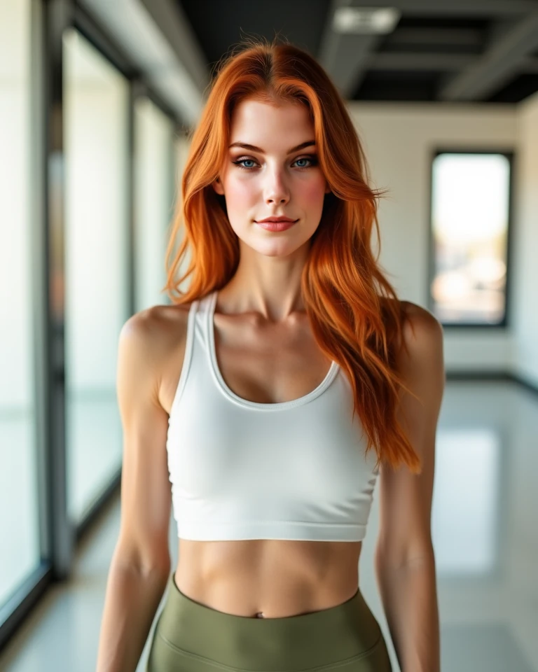 (((masterpiece))), ((one) girl 22 year old) (((Caucasian))) french girl with shoulder length messy orange hair, she is petite. She is wearing gym top and white yoga pants, she facing towards the camera in a well lit gym, taken with, Canon 85mm lens, extreme quality, heavily retouched, heavy makeup, very high quality, flawless beauty,