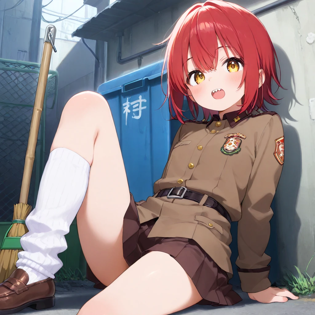 masterpiece, Highest quality, Absurd, High resolution, Very detailed, One Girl, alone, Cowboy Shot, ((IJA Taisho, Khaki uniform, Combatant,Golden Sling,General Positions, 左chestにメダル,)),Black long boots,medium chest, chest, Tight waist, Black Hair, Blunt bangs, Red eyes, Conceit,Wicked Smile, White gloves, holster, Leather Belt Pouch, Abandoned city, Dilapidated Street, combustion, Night Sky, battlefield, crater,chestをはだけさせる、Fascinating face、Expand the vagina with both hands,pussy,Pussy,squat