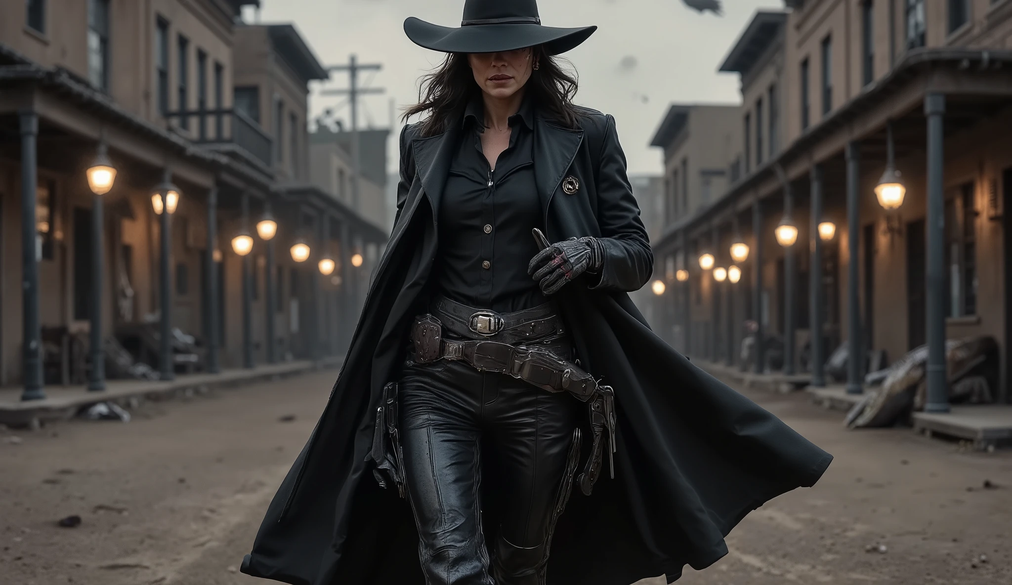A lone female gunslinger dressed entirely in black stands in the middle of a dusty western street at twilight. She wears a long black leather duster that flows in the wind, black wide-brimmed hat casting a sharp shadow over her face. Twin holsters rest at her hips, each carrying polished revolvers. Her expression is calm, cold, and unreadable. Her dark boots are worn, spurred, and planted firmly on cracked earth. Behind her, the town fades into dusk — broken saloons, lanterns flickering, vultures circling in the sky. Her gloves are fingerless, revealing rings and scars. Wind carries dust across the scene. Her presence radiates control — like death wrapped in velvet. Cinematic 16:9 framing, hyper-realistic textures, dirty realism, gothic western noir, soft directional lighting across her face and weapons. A woman no one dares approach. A silence that speaks louder than gunfire.
