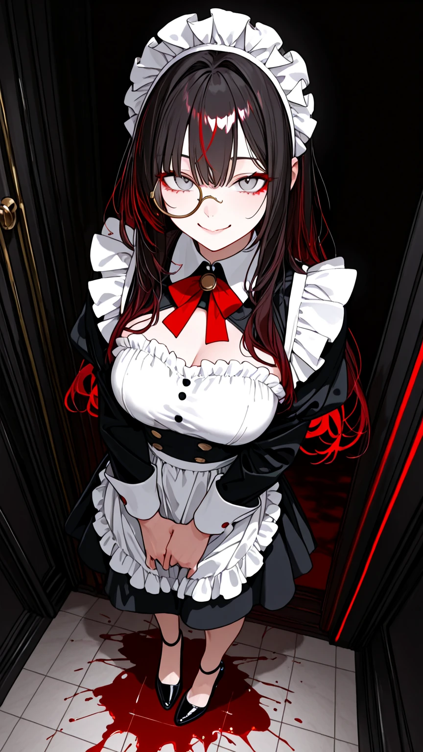 1girl, medium breast, long brown hair, copper hair tips, brown eyes, glasses, (swept bangs), maid uniform, dark blue dress, black shirt, puffy sleeves, long sleeves, white gloves, maid headdress, broken look, broken, blushing, tears, lying on the floor, cum, blood, cum and blood flowing out of pussy, bare breasts, pubic hair