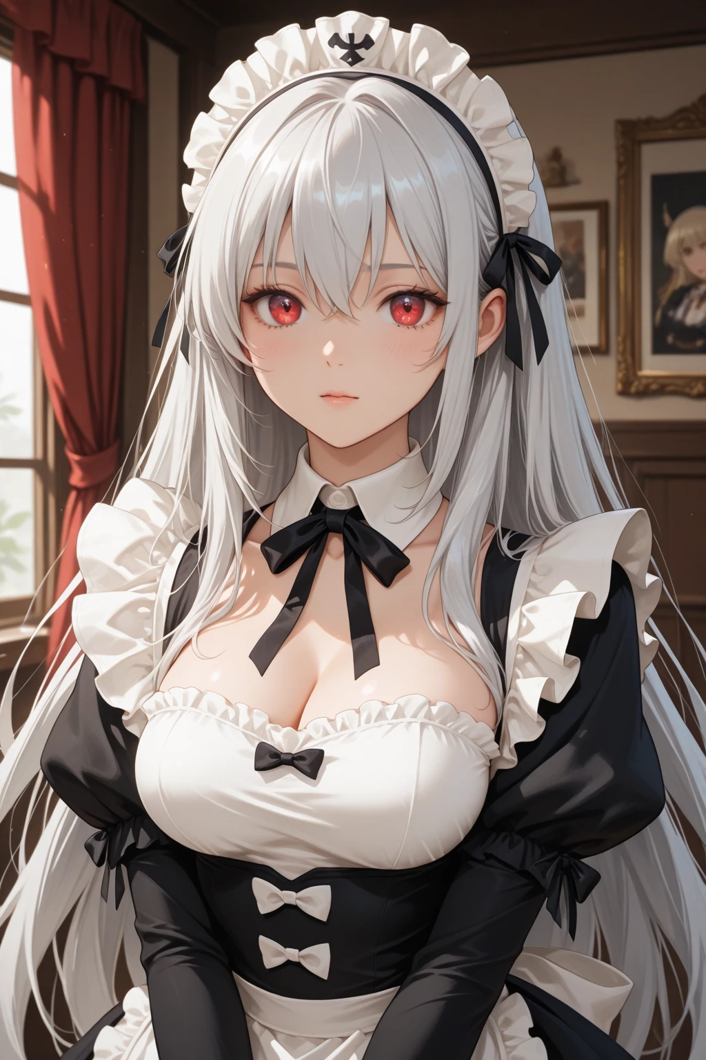 One Girl、Gray Hair、Long Hair、Straight Hair、Red eyes、Embarrassed、blush、Big Breasts、valley、Maid clothes、Black Background
