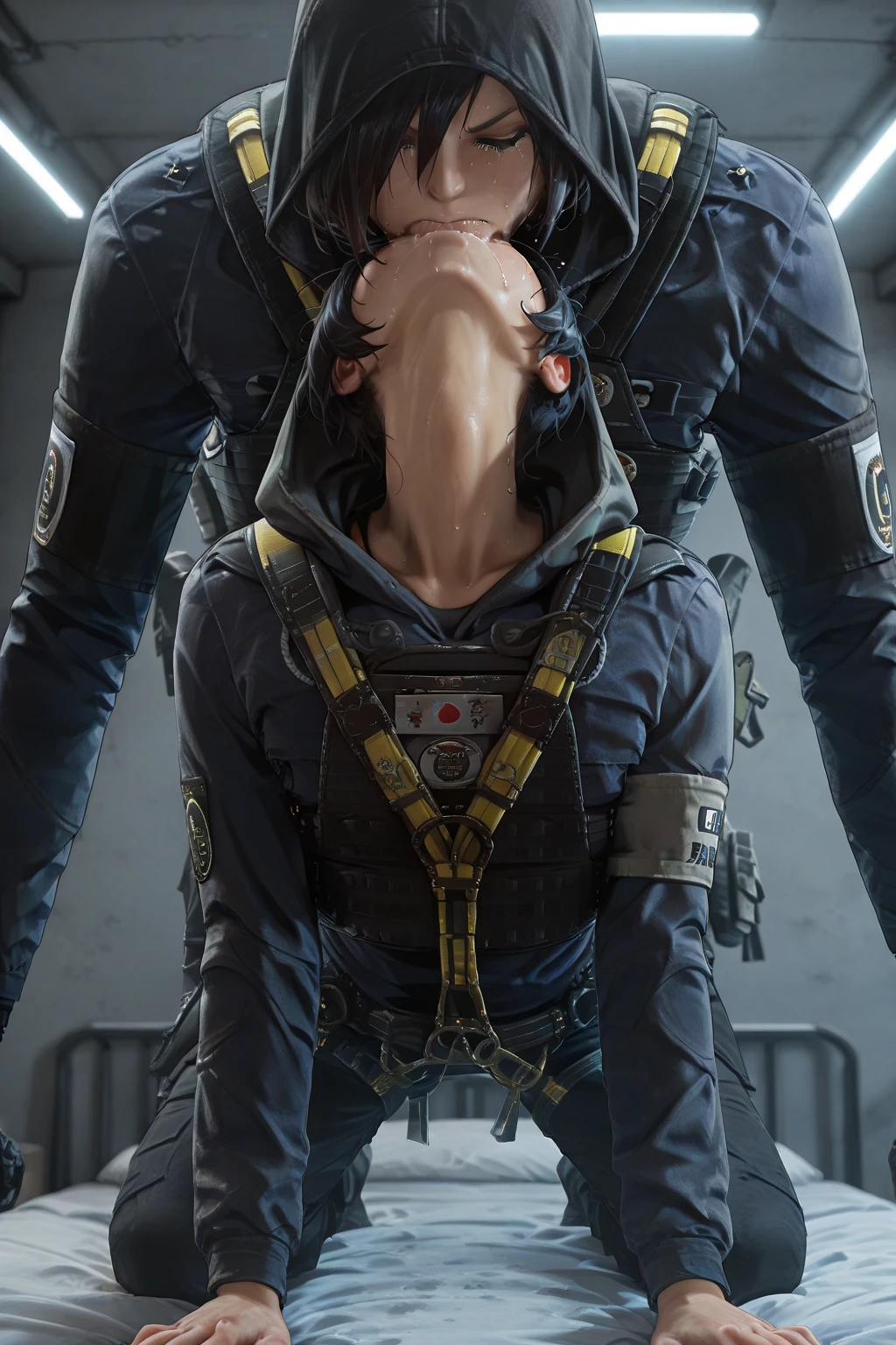 There was a boy wearing a mask and a black hoodie，With a knife in his hand, Hyper-realistic cyberpunk style，Digital cyberpunk anime style，cyan colors