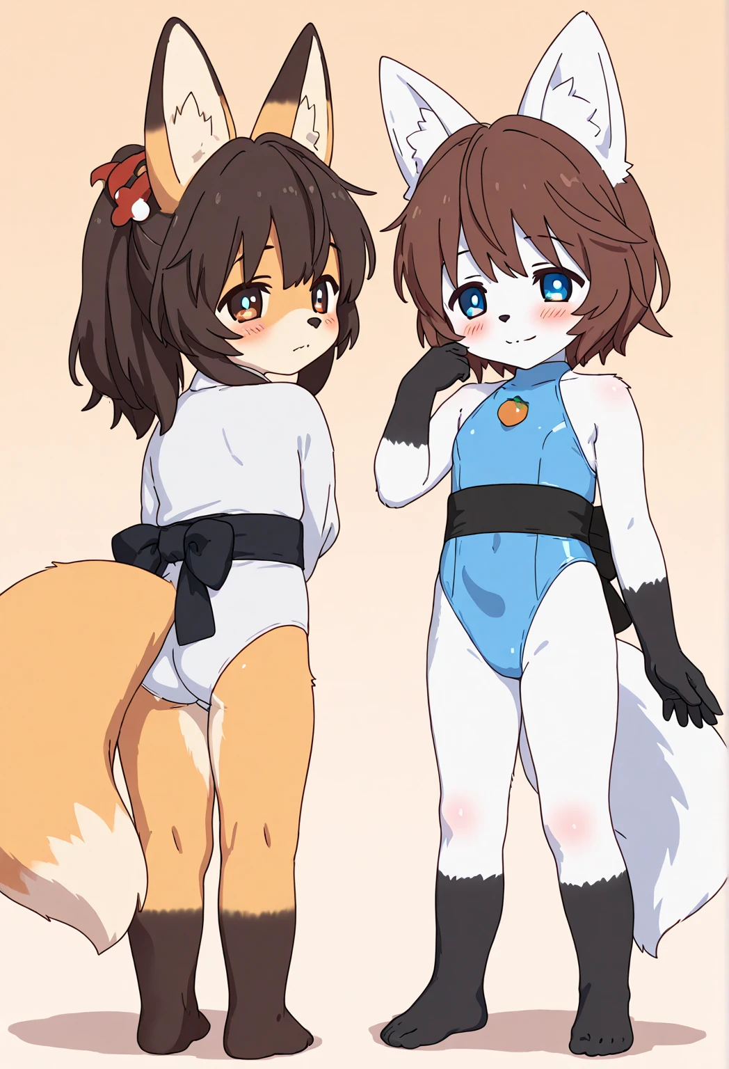 2boys and girl, squirrel, furry, bodyfur, tail, collar, bra, bottomless, gloves, boots, chibi, sparkling eyes, idol, hair bow, happy, full body, penis, testicles, festival, some perfect pussy