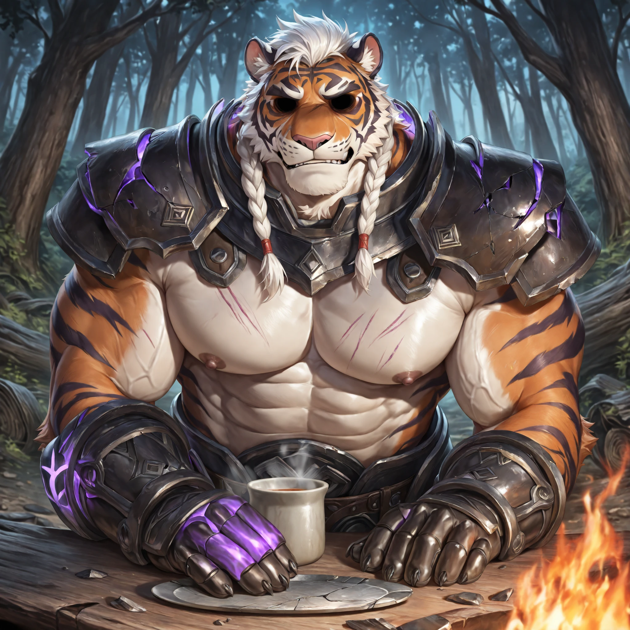 Sagittarius Tiger, the 12 zodiac signs, topless, furry, delicate, muscular, majestic （Golden eyes sparkle）The background is an endless magical forest, Wild and domineering , Huge muscles, The tiger with ripped abdominal muscles is eating mushrooms in the magic forest