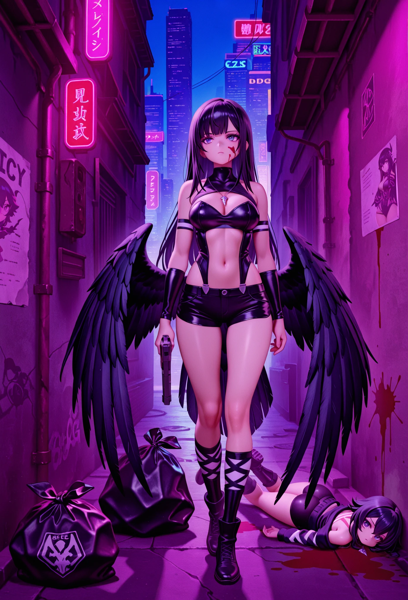 Rihanna hyper-giant, Hyper-powerful demon with two demon horns on his head and demon wings, Purple lightning fire on a building and shatters buildings , ville en ruine post apocalyptique,