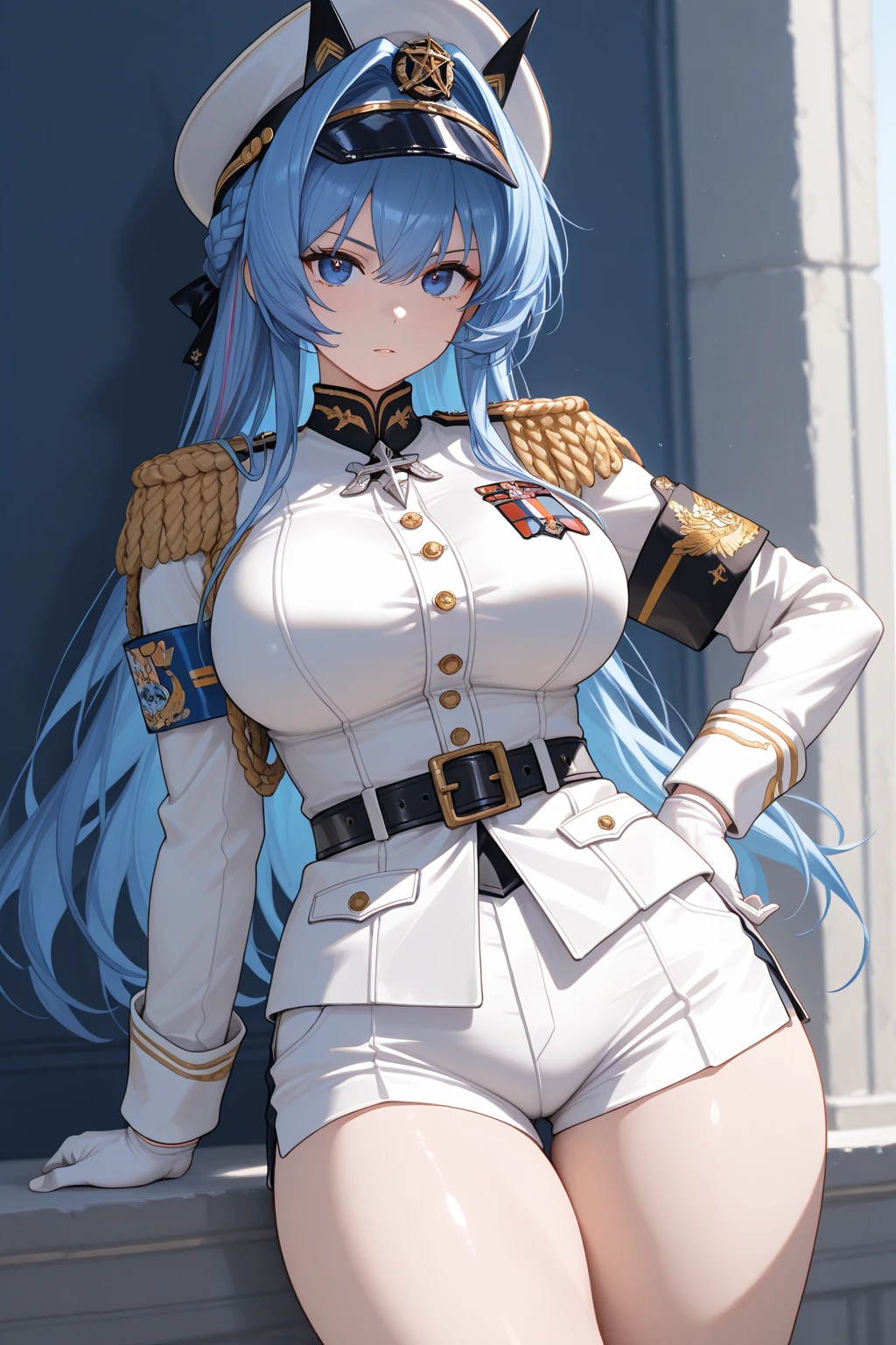 ((anime girl)), best quality, expressive eyes, perfect face, (masterpiece), best quality, perfect face, ((best quality)), ((an extremely delicate and beautiful)), perfect eyes, perfect body, ((details pupils)), ((synmetry eyes)), beautiful eyes, ((blue eyes)), (large breasts),(wide hips), thick thighs, shiny skin, soft skin, ((ponytail)), clean skin, absurdres, (masterpiece),(ultra-detailed:1.2),(highres),elaborate, cowboy shot,1girl, helm, blue hair, long hair, bangs, hair intakes, military hat, hairband, military uniform, buttons, aiguillette, epaulettes, white coat, armband, white belt, white gloves, white shorts, simple background , smile , (the background of a harbor), deatailed background