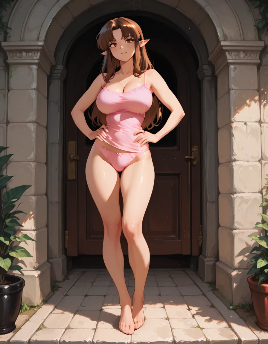 obra maestra, 8K, perfect lighting, , Adulto, femenino, tiro de vaquero, mirando al espectador, arm behind the back, cinematic lighting, Rosetta, (RosettaWaifu:1.1), Cabello rizado en las puntas, (vestido:1.8), (alas de hada extra largas), Alas largas, ropa rosa, clothes made of petals, Brown hair, (orejas puntiagudas), (ojos detallados), ojos verdes, ojos esmeralda, encogido, Morder o lamer el labio superior, Rubor, polvo de hadas, selva, tree house,